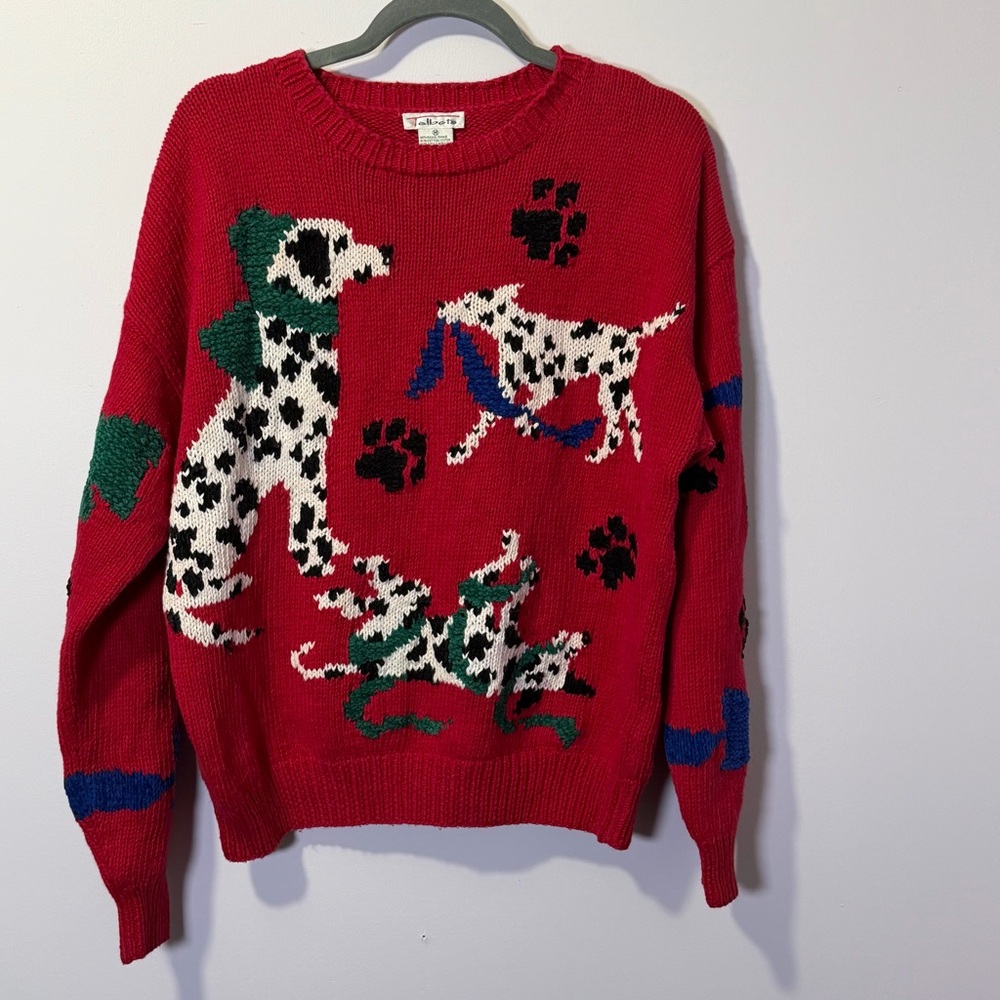Talbots Red Dalmatian Intarsia Sweater with Chenille Ribbons/Bows, Vintage